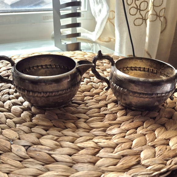 Silver with Copper Scroll Cream and Sugar dishes - Antique Tarnished - Picture 7 of 8